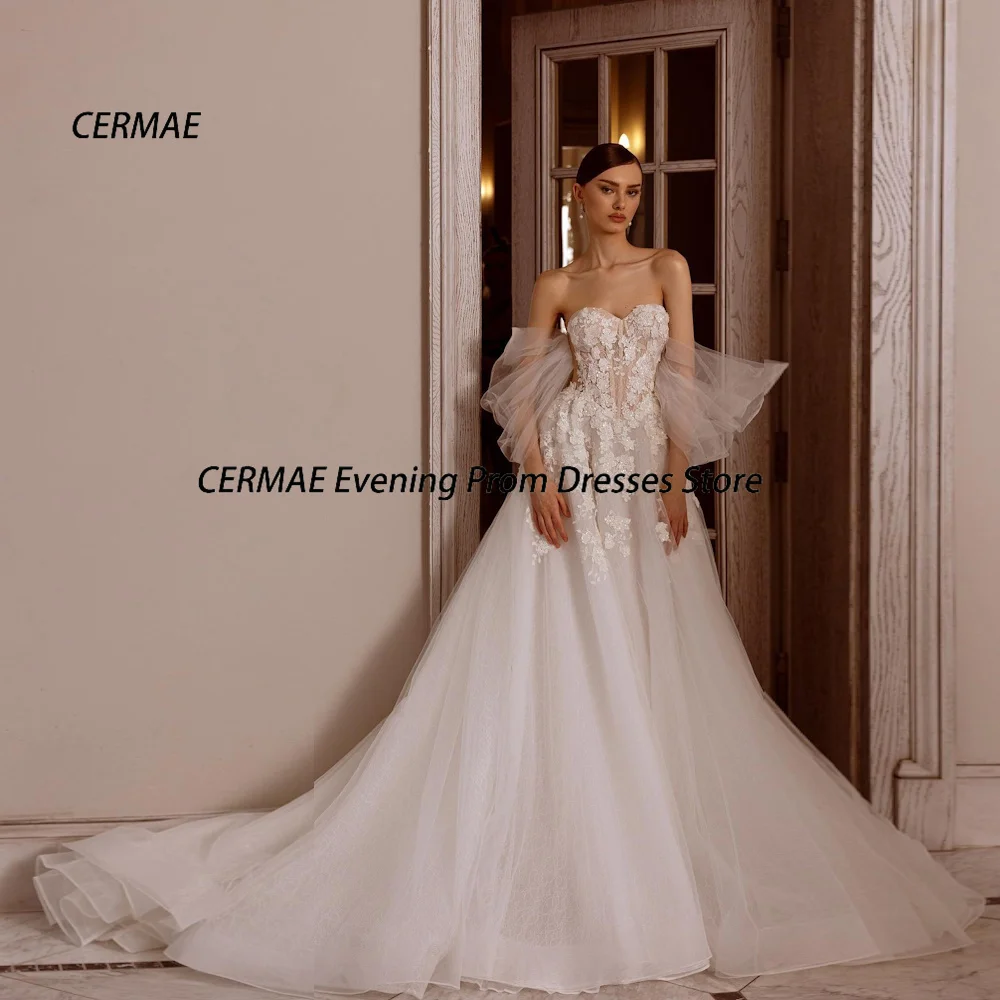 

CERMAE Sweetheart A-line Lace Tulle Formal Wedding Gown Prom White Beded Appliques Floor-Length Party Dresses for Women 2023