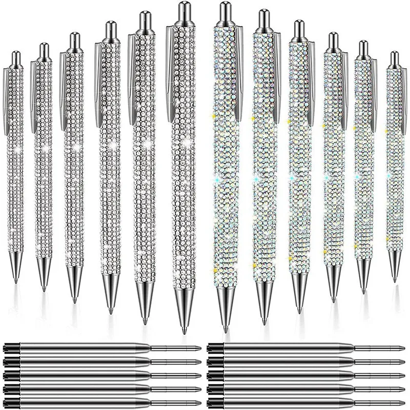 12 PCS Bling Pen Bulk Metal Ballpoint Pen Diamond Pen Crystal Press Retractable Black Ink 0.7Mm Ballpoint Pen