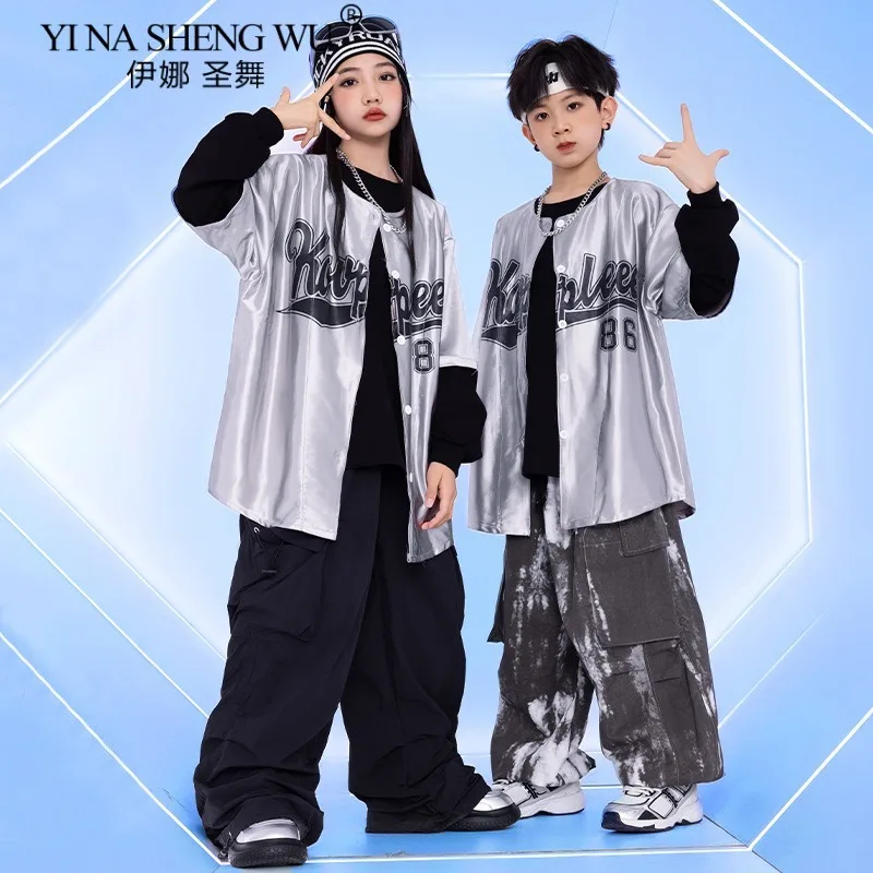 الأولاد أزياء الرقص الفتيات ملابس الجاز الهيب هوب أداء ارتداء بدلة فضية مع بنطلون أسود أطفال طبل عرض زي الحفلات #2