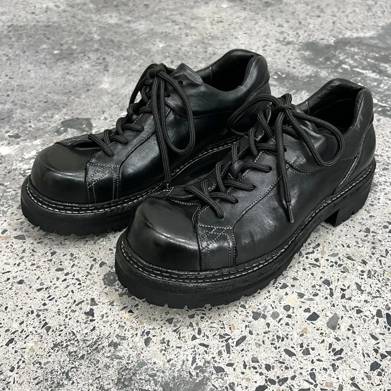 Handmade Genuine Leather Round Toe Lace Up Derby Shoes Men's Thick Soled Casual Business Work Dress Leather Shoes Male