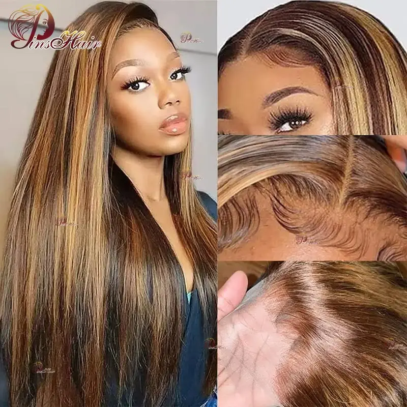 Honingblonde Rechte Kant Frontale Human Hair Pruiken P4/27 Gekleurde Highlight 13X6 Lace Frontale Pruik Remy Hair Pre Geplukt Voor Womem