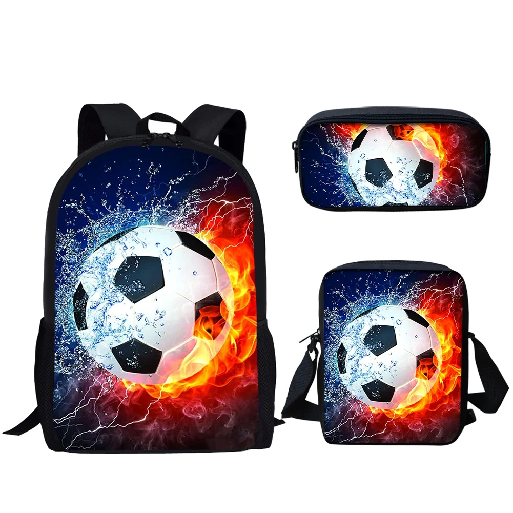 Belidome Gambar Cetak 3Set Tas Sekolah Sepak Bola Api dan Air untuk Remaja Laki-laki Mode Ransel untuk Siswa Tas Sekolah Mochila Infantil