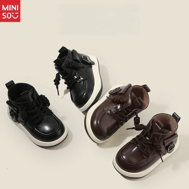 

Miniso Kids 2025 Ankle Boots, Martin Style Leather Shoes for Boys & Girls, Soft Sole Infant Booties