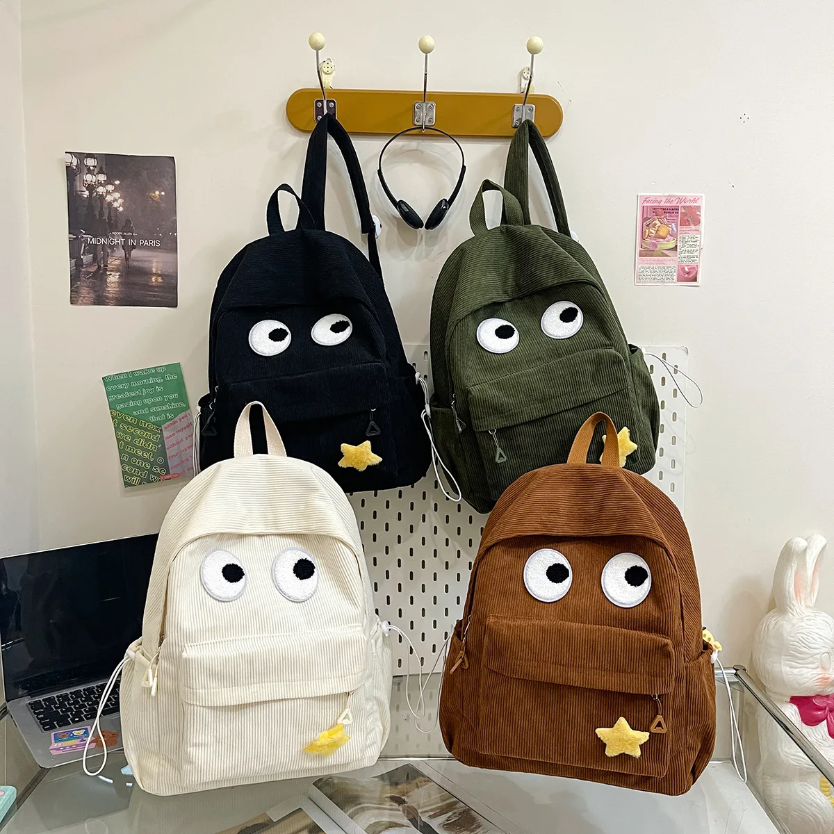 New Cute and Girlish Student Backpack with Large Capacity Cartoon Striped Velvet Travel Backpack for Class