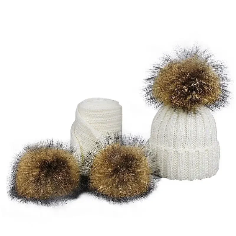 Boys and Girls Real Raccoon Fur Hat Set Winter Beanie Warm Knitted Bobble Nature Fur Pompom Children Hat and Scarf Suit,#5719