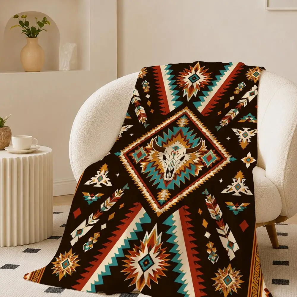 Boho Tribal Diamond Pattern Throw Lightweight 240g Flannel Blanket Soft Skin-friendly for Summer Cooling