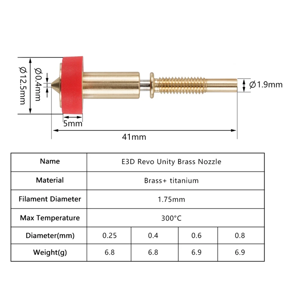 Boquilla E3D clon de 4 piezas, boquillas bimetálicas todo en uno, 0,25/0,4/0,6/0,8mm, Heatbreak, latón y titanio para extrusora E3D Hotend