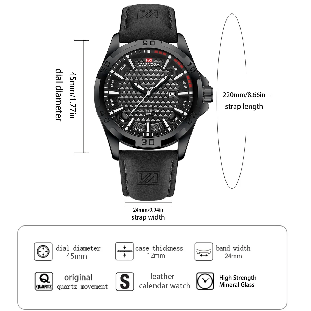 2025 relógio esportivo masculino moda estilo militar movimento de quartzo 45mm couro preto estilo negócios relógio à prova dwaterproof água relogio masculino