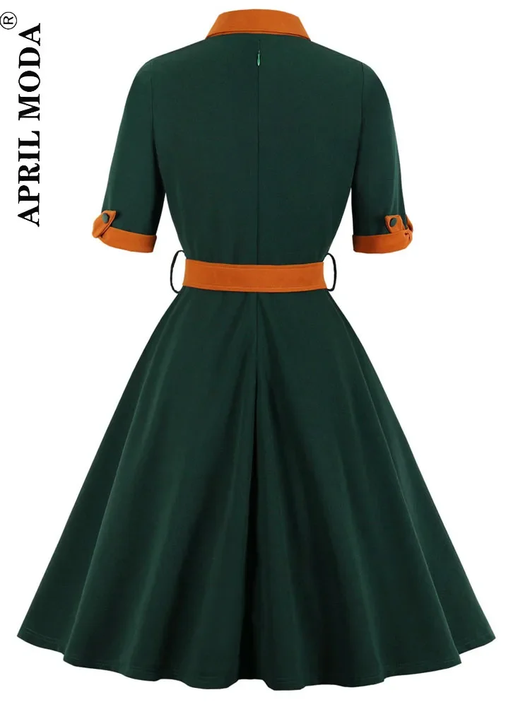 Dark green summer spring women 50s 60s tunic midi dress retro vintage robe rockabilly vestidos office casual 1950s short jurken