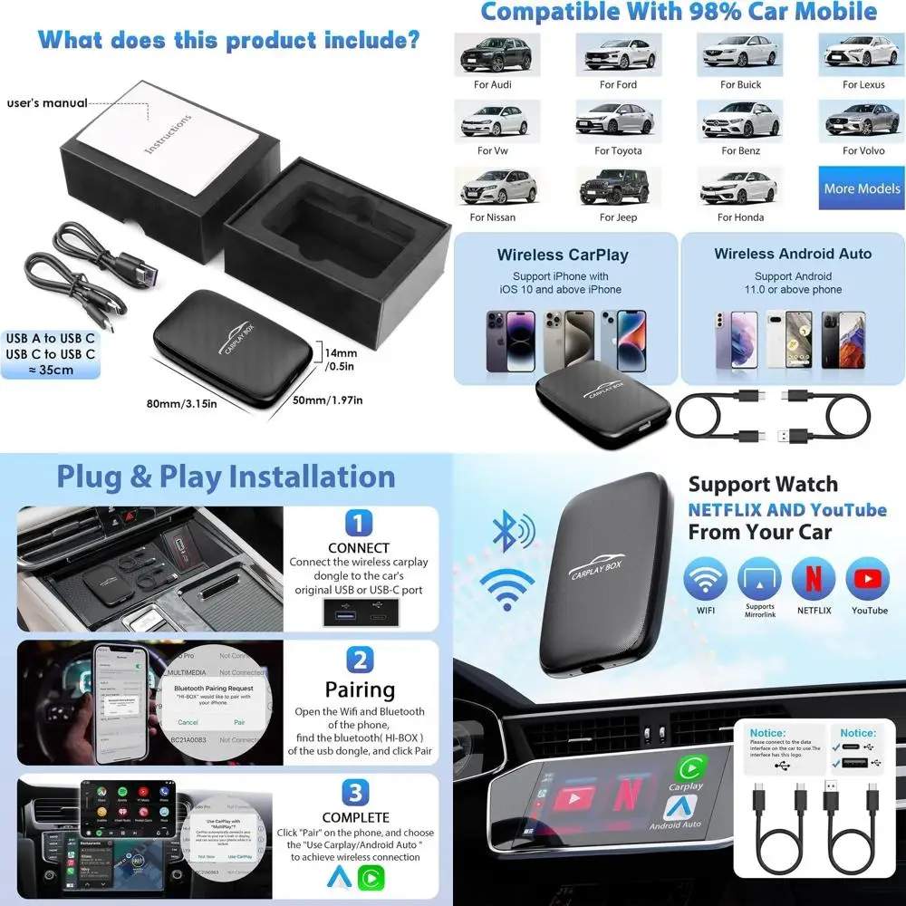 Carplay اللاسلكي وAndroid Auto Dongle يدعم بطاقة Netflix/YouTube/TF، صندوق Ai للعب السيارة مع كابل USBA-C وUSBC-C لهاتف iPhone
