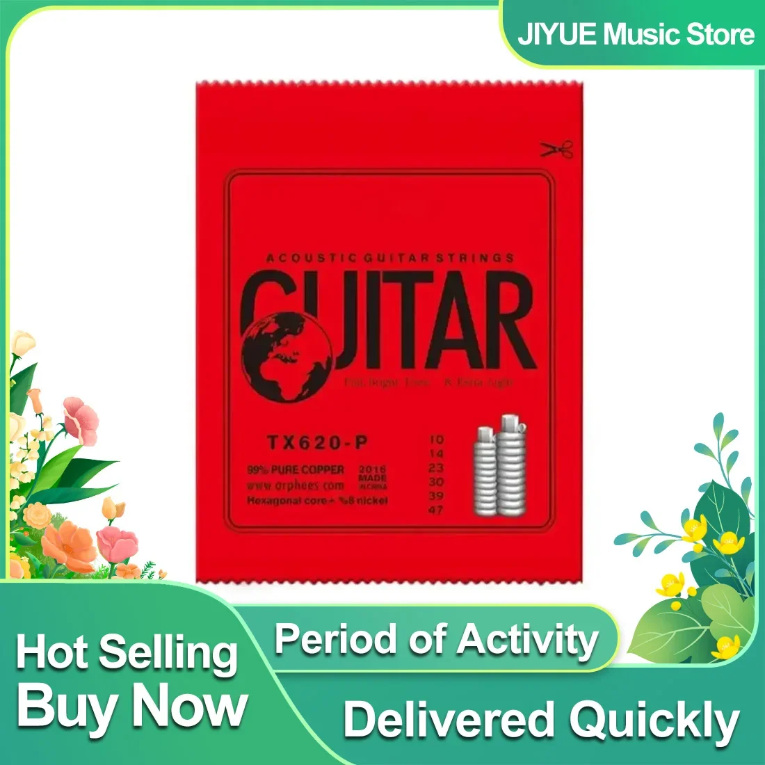 Corde per chitarra acustica Orphee TX620-P Nucleo esagonale in acciaio al carbonio medio Avvolgimento in rame rosso Corde per principianti Parti acustiche