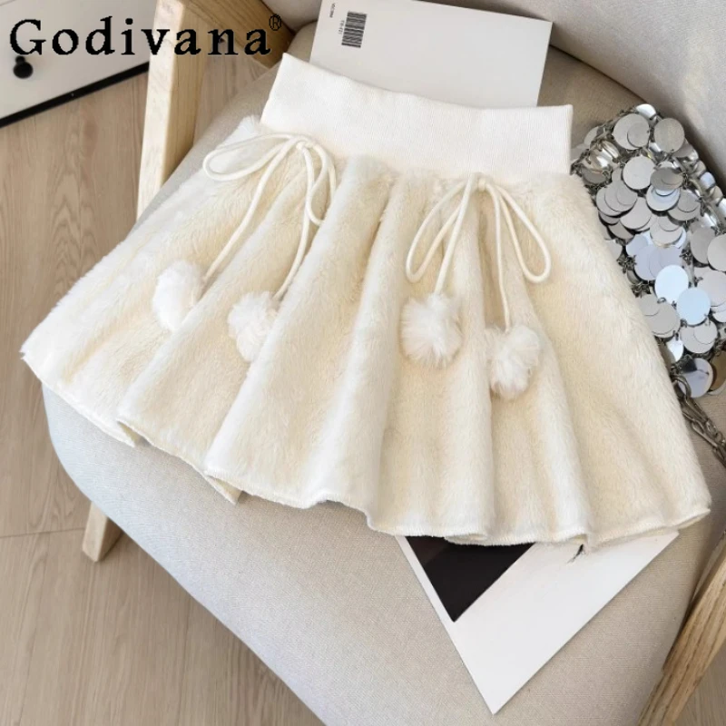 

Women's Autumn Winter Sweet Age-reducing Tassel Bow Plush Skirts Fashion Versatile Cute High-waisted Sexy A-line Short Skirts
