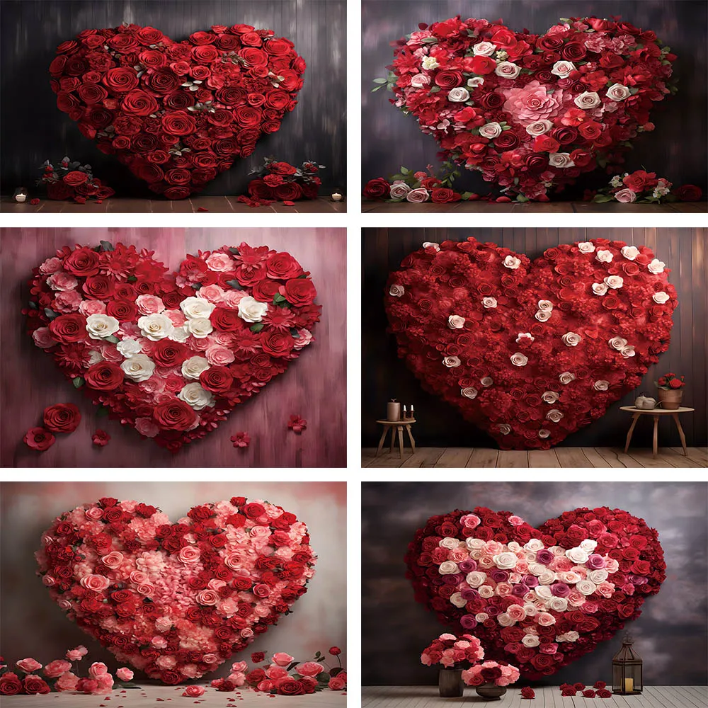 

Mehofond Valentine's Day Backdrop for Photography Red Love Heart Flower Wall Valentine Wedding Party Rose Floral Background Prop