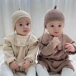 Baby jumpsuit autumn knitted long-sleeved jumpsuit boys and girls lapel simple cotton sweater romper + hat two-piece set