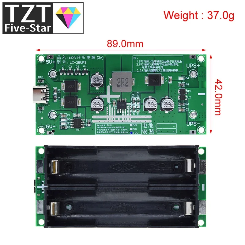 TZT Type-C 15W 3A Fast Charge UPS Power Supply / 18650 Lithium Battery Charger Module DC-DC Step Up Booster Converter 5V 9V 12V