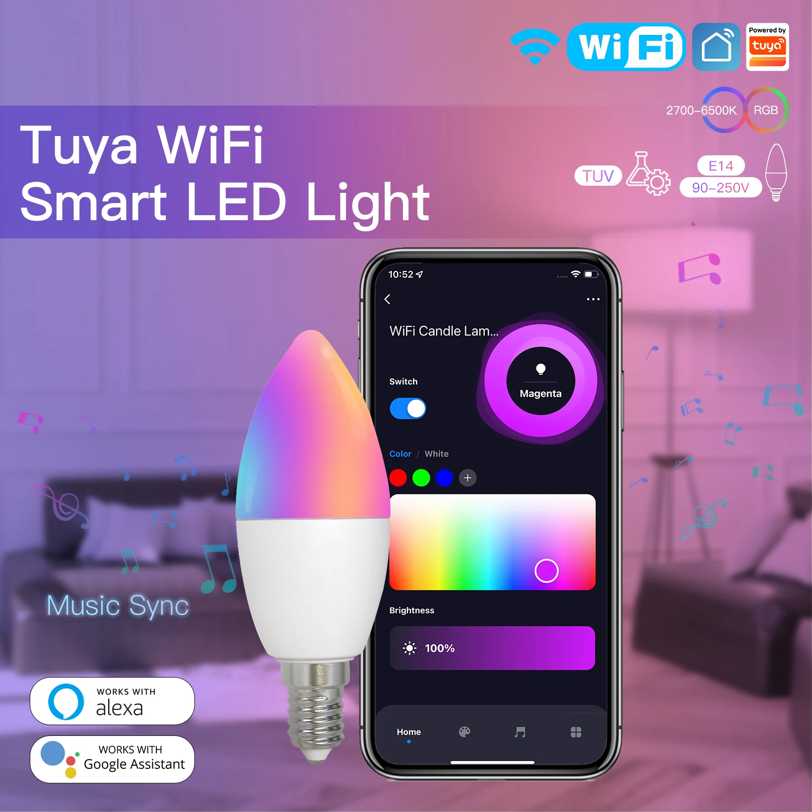 Moes wifi inteligente ledlight bulbo e14 vela lâmpada 16 milhões rgbcct 2700-6500k luz regulável tuya alexa google 90-250v 6w