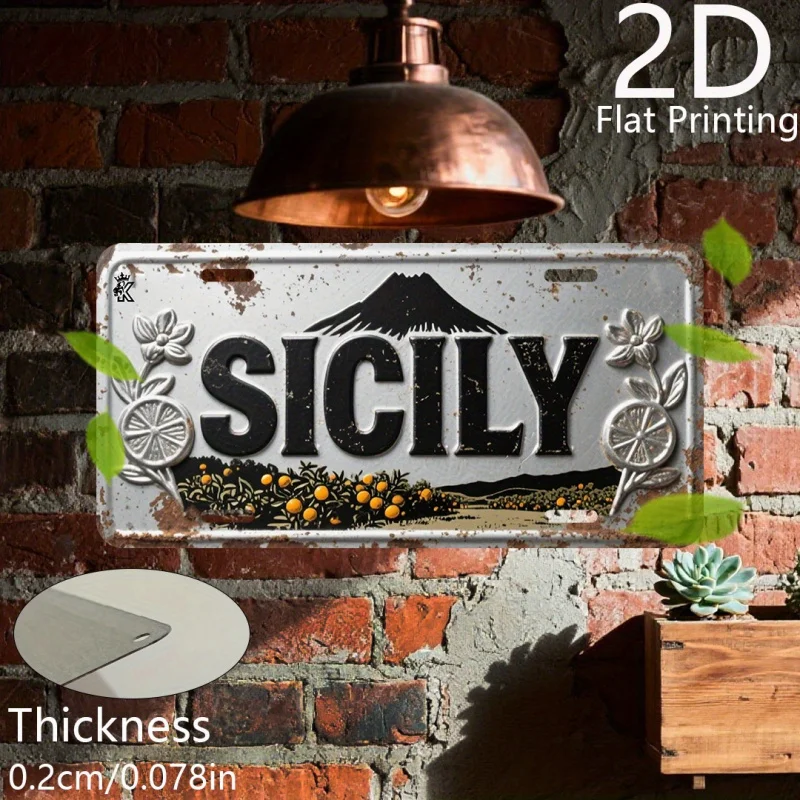 Impresión en Aluminio HD, Estilo Retro de Matrícula de Sicilia, Italia, Monte Etna, Huerto de Naranjas, Arte de Pared, Alta Definición, Resistente a la Flexión