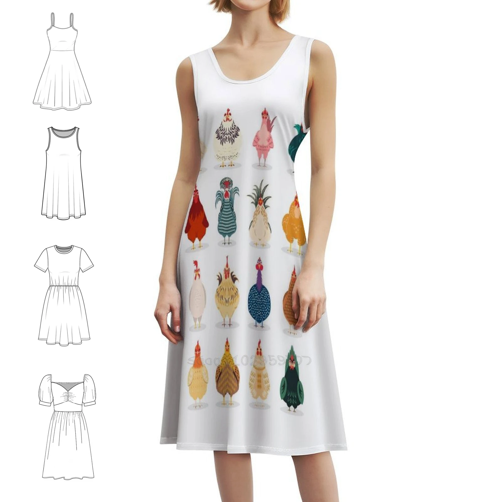 فستان بوهيمي لطيف بدون أكمام للنساء مطبوع عليه فساتين حفلات الشاطئ فستان الدجاجة والدجاجة والدجاج للفتيات #1