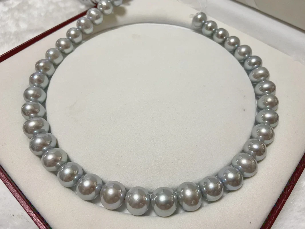 

New Natural Gray 17"12-14mm Near Round Sea Pearl Necklace Elegant and Intellectual Pendants Sterling Silver 925 Free Shipping