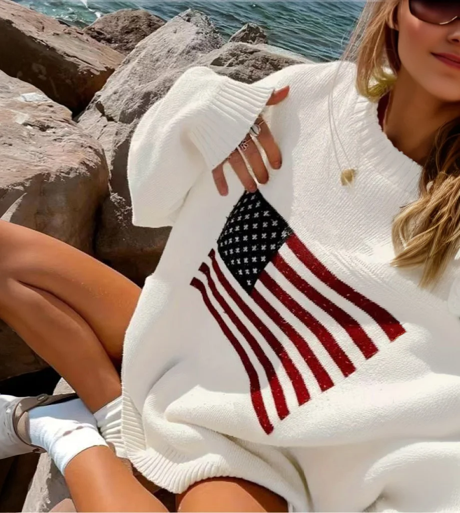 

Casual Oversize Loose Sweater for Women Jumpers Autumn Winter Warm Knitted Tops Flag Pattern Long Sleeve Pullover Sweaters