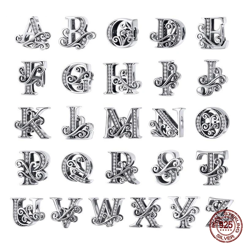 New 925 Sterling Silver Vine Flower 26 Letters Frist Name Charm DIY Fine Bead Fit Original Pandora Bracelet DIY Women Jewelry