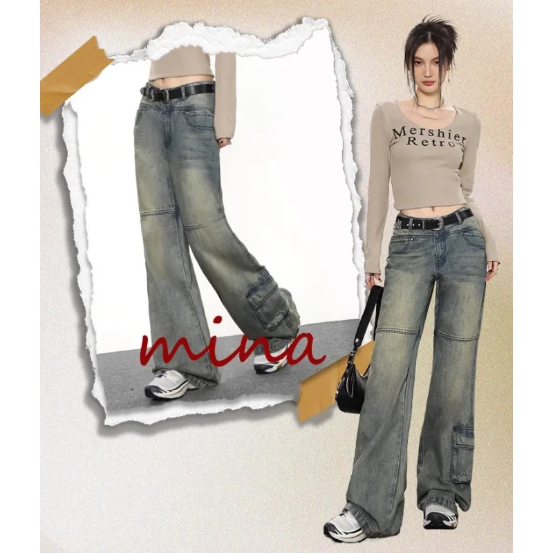 Jeans blu cintura da donna a vita alta pantaloni a gamba larga americani Y2K Style Fashion Streetwear pantaloni femminili 2023 pantaloni dritti invernali