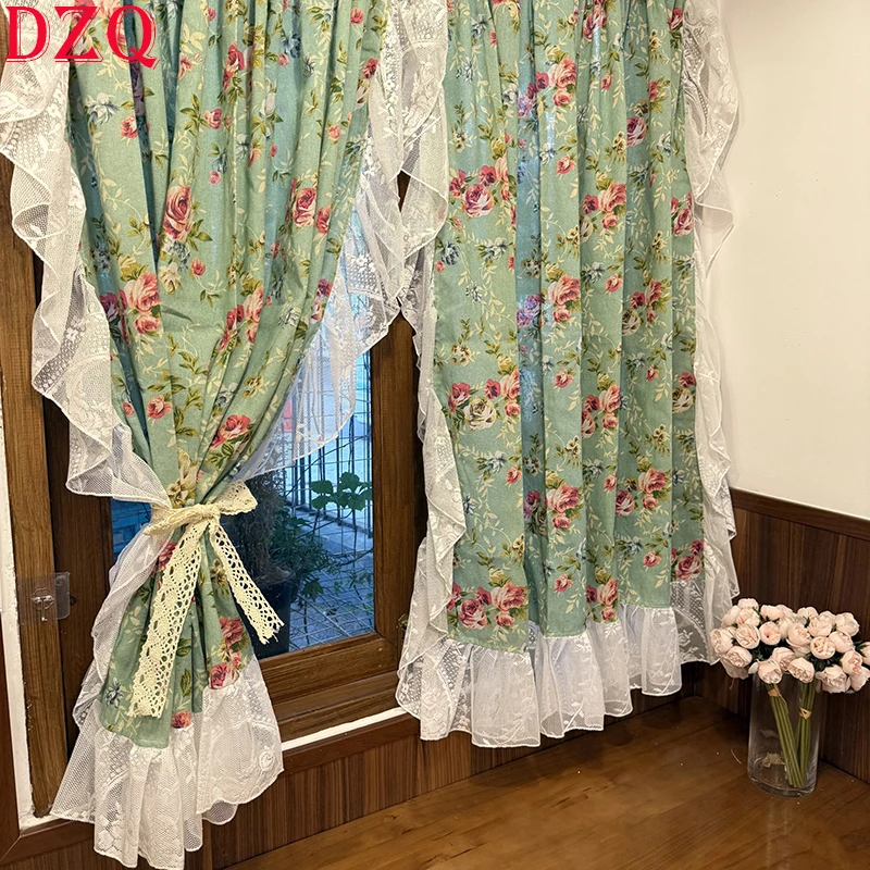

Idyllic American Rural Flowers Cloth Door Curtains Floral Warp Ruffled Curtains for Kitchen Retro Green Lace Curtains A627