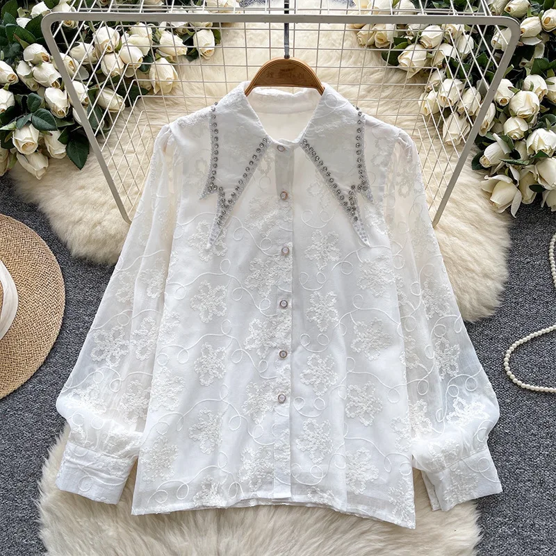 

Light Luxury Palace Style Lantern Sleeve Shirt For Women, Summer Jacquard Embellished Loose Fit, Flattering Design, High-End