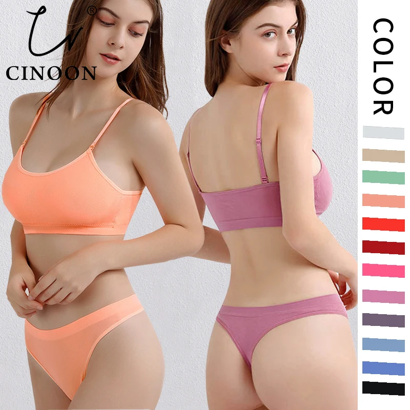 CINOON Women Seamless Bra Set Sexy Thong Low Waist Panties Wire Free Bra Bralette Lingerie Brassiere Candy Colors Underwear Set