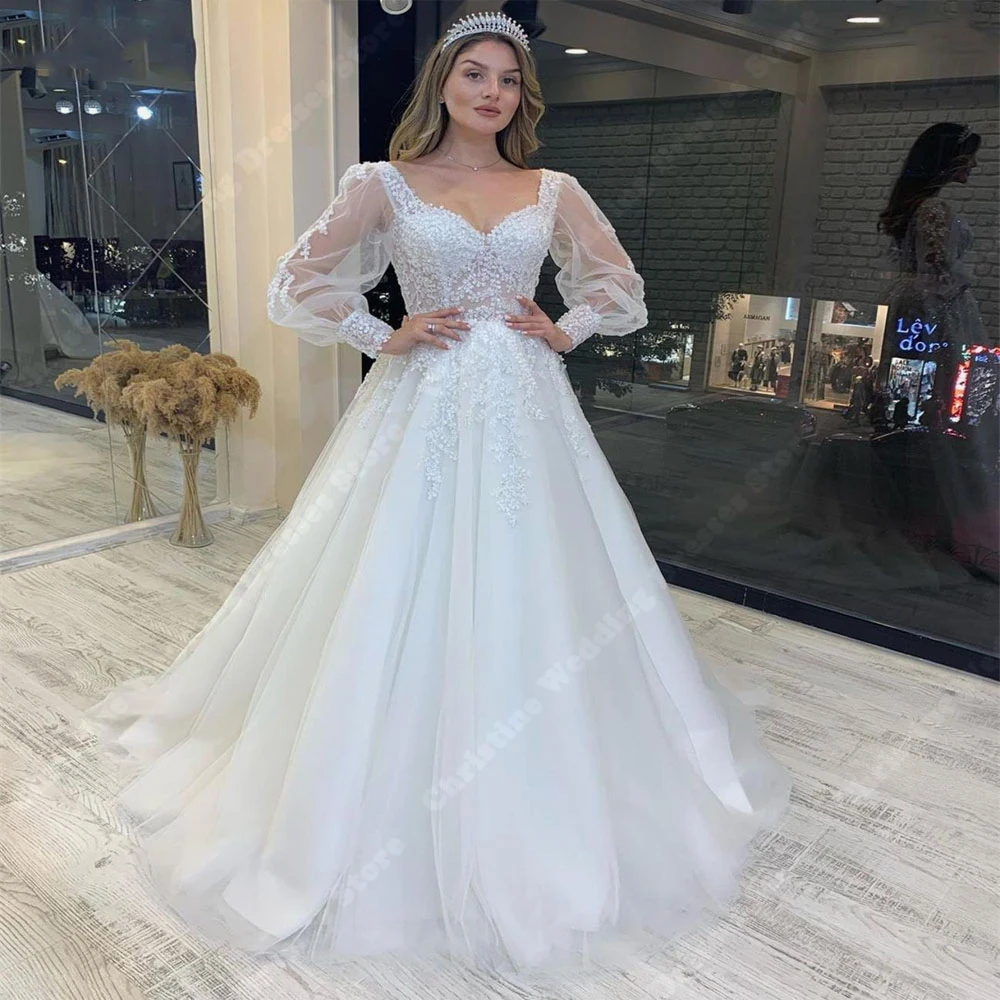 Vestidos de casamento sexy com gola V profundo para mulheres, elegante linha A, manga longa, vestidos de noiva, banquete e noivado formal, 2022