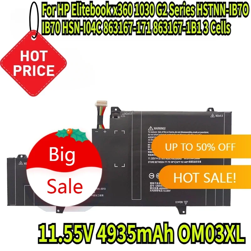 

11.55V 4935mAh OM03XL Laptop Battery for HP Elitebook X360 1030 G2 Series HSTNN-IB7O IB70 HSN-I04C 863167-171 863167-1B1 3 Cells