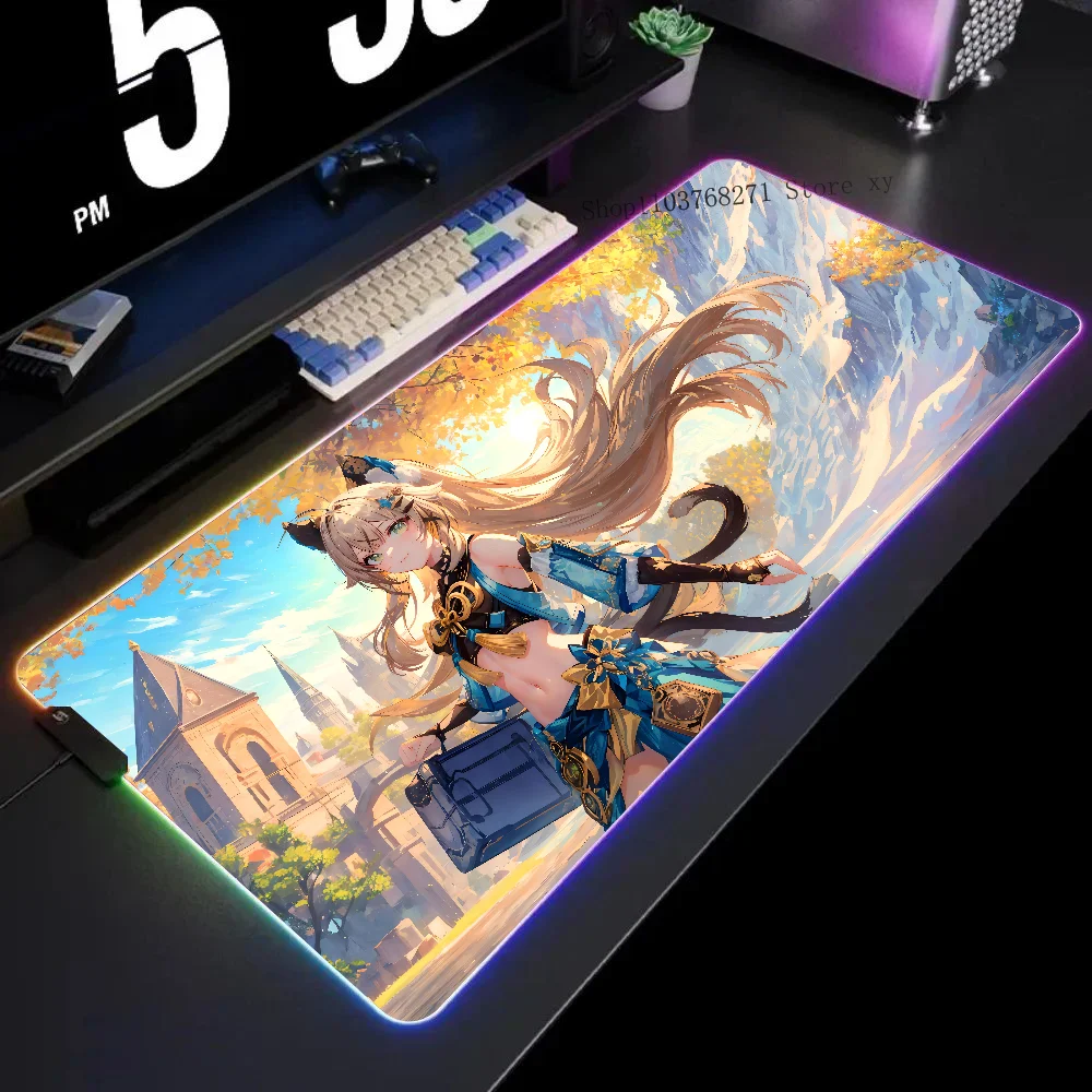 Kirara Genshin Impact Mousepad XXL RGB Gaming Mouse Pads HD Black Gamer Accessories Large LED