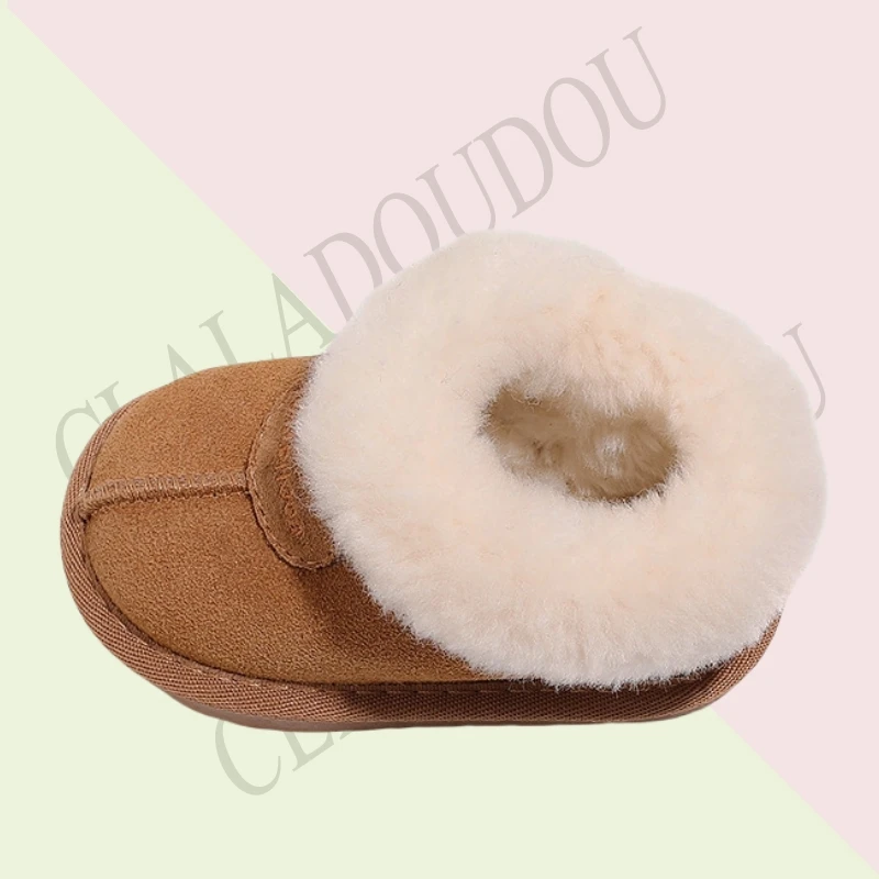 Claladoudou-zapatos de piel auténtica para niña y niño, botas de nieve gruesas de felpa, botas de invierno