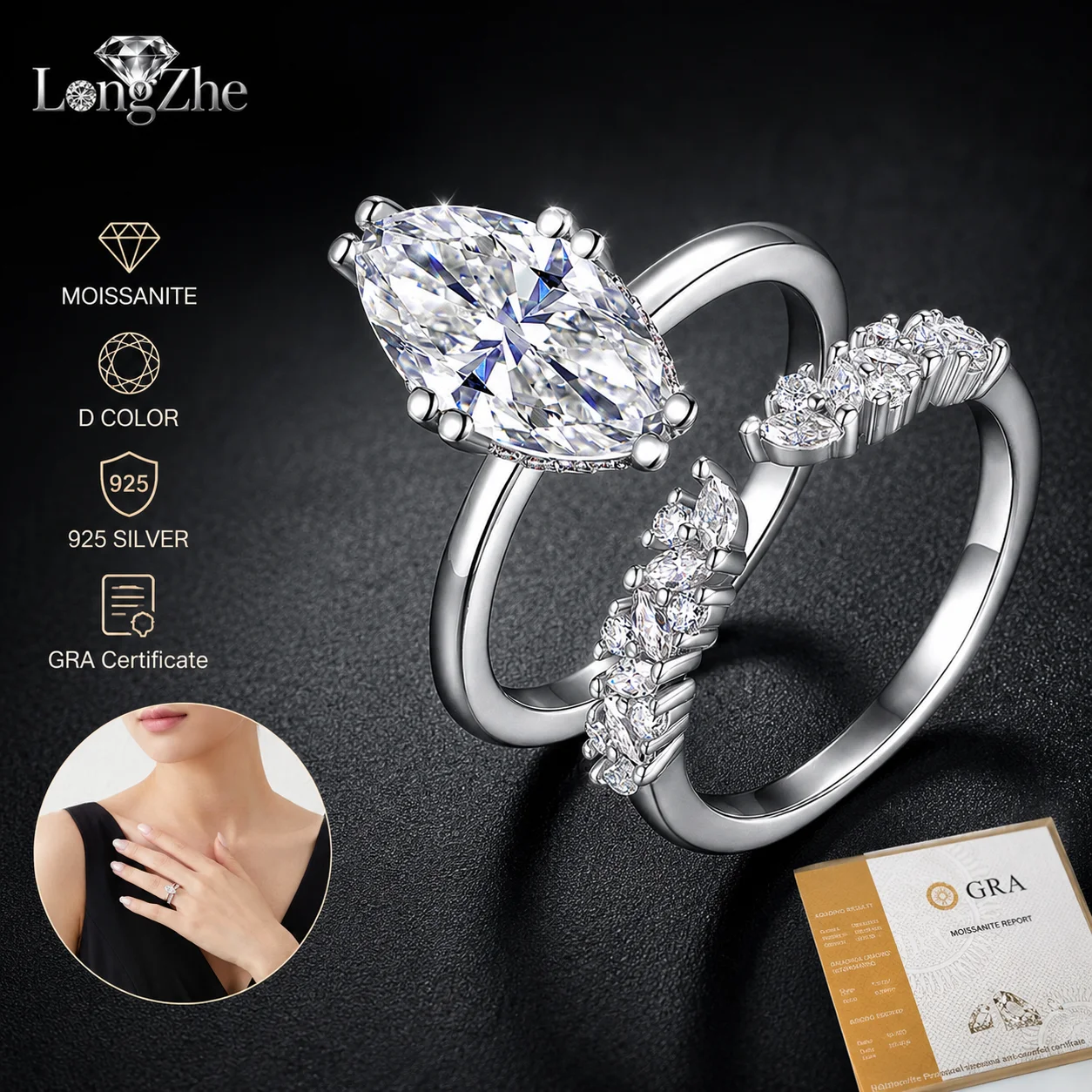 S925 Sterling Silver Moissanite Ring 7x14mm Marquise Cut Open Bypass Design for Women Wedding Anniversary Fine Jewelry Gift