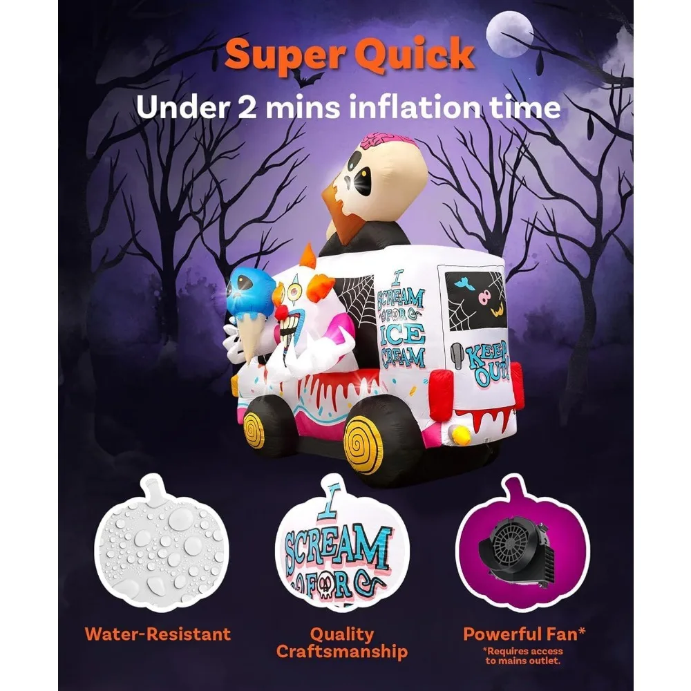 شاحنة آيس كريم قابلة للنفخ للهالوين بتصميم مهرج و8 مصابيح LED للديكور الداخلي #5