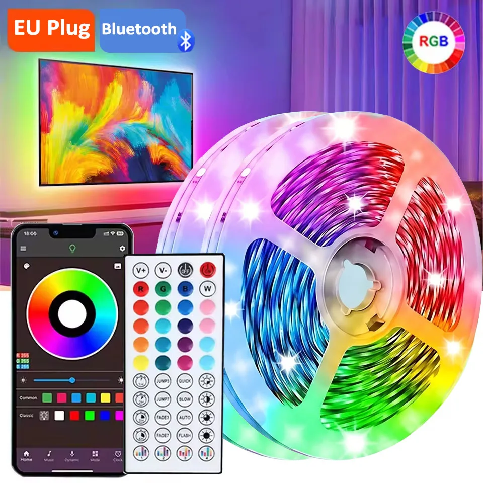 EU-Stecker Selbstklebende RGB LED-Lichtstreifen Farbwechselnde LED-Lichterkette Weihnachtsbeleuchtung LED-Band 5M 15M 30 Meter TV LED-Hintergrundbeleuchtung