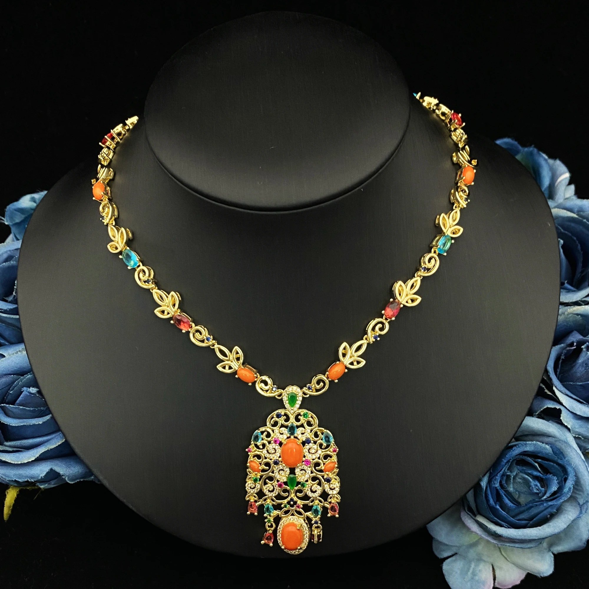 JRH Dubai Luxury Daily Wear Women's Zircon Simulation Jewelry Set Gold Plated Copper Craft Bracelet Ring Necklace Earrings Set