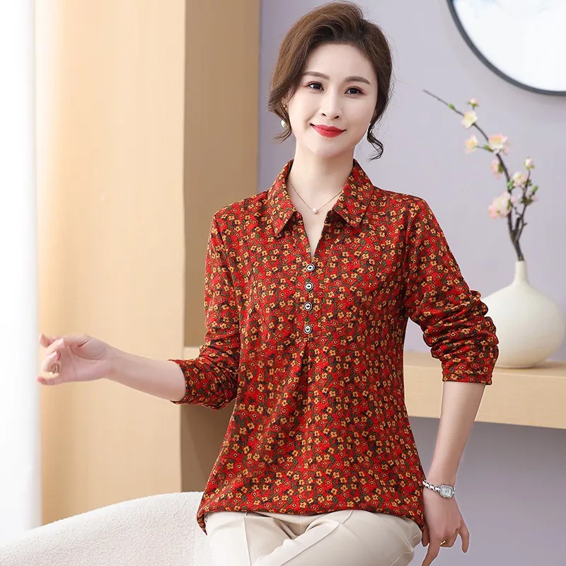 Female Clothing Vintage Broken Flowers Shirt Casual Folds Spliced Spring Autumn Polo-Neck Buckle Midi Blouse