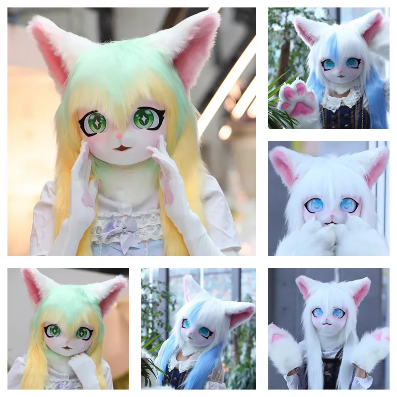 

Новый 11 цветов, новый пушистый меховой костюм, маска на голову, плюшевая маска животного, кошки, лисы, комплект Лолиты, костюм с головой зверя, реквизит для Хэллоуина, косплея