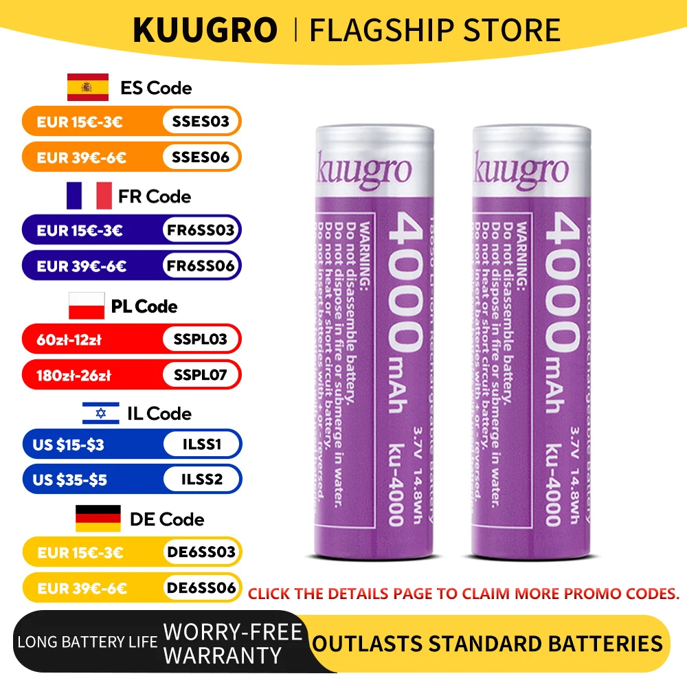 Kuugro ku-4000 Highest Capacity 18650 Battery 4000mAh 3.7V 12A Discharging Rechargeable Batteries For Flashlight Batteries