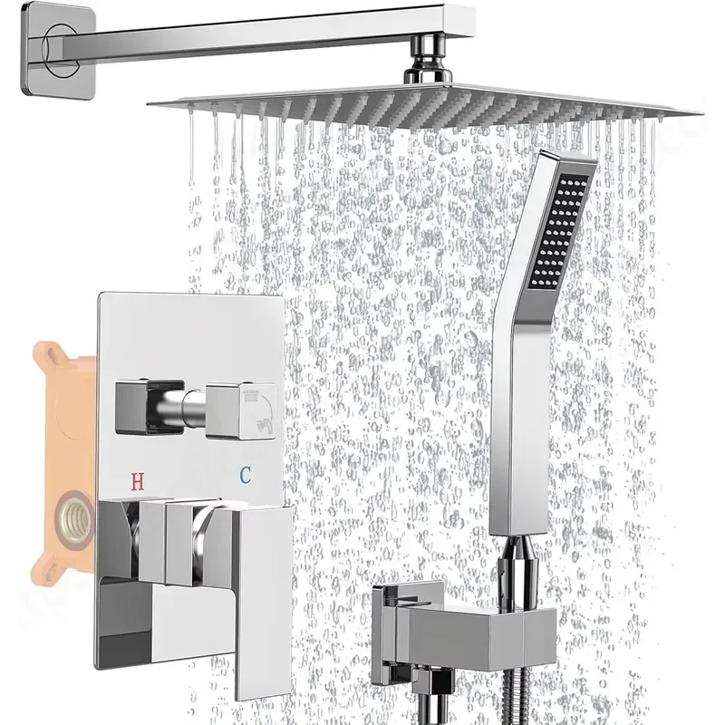 High Pressure 10 Inch Square Rain Shower Head Wall Mounted Faucet Set with Handheld Sprayer Outdoor Shower System
