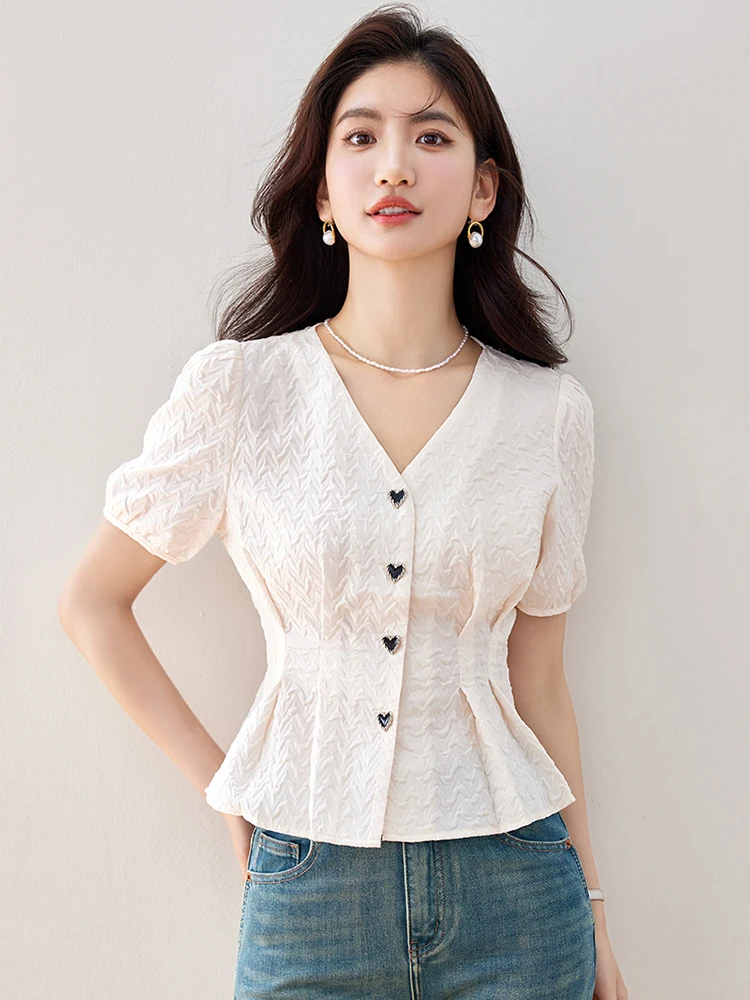 2024 New Summer V-Neck Short Sleeve Blouse Women Chic Design Shirt Fashion Slim Fit Tops