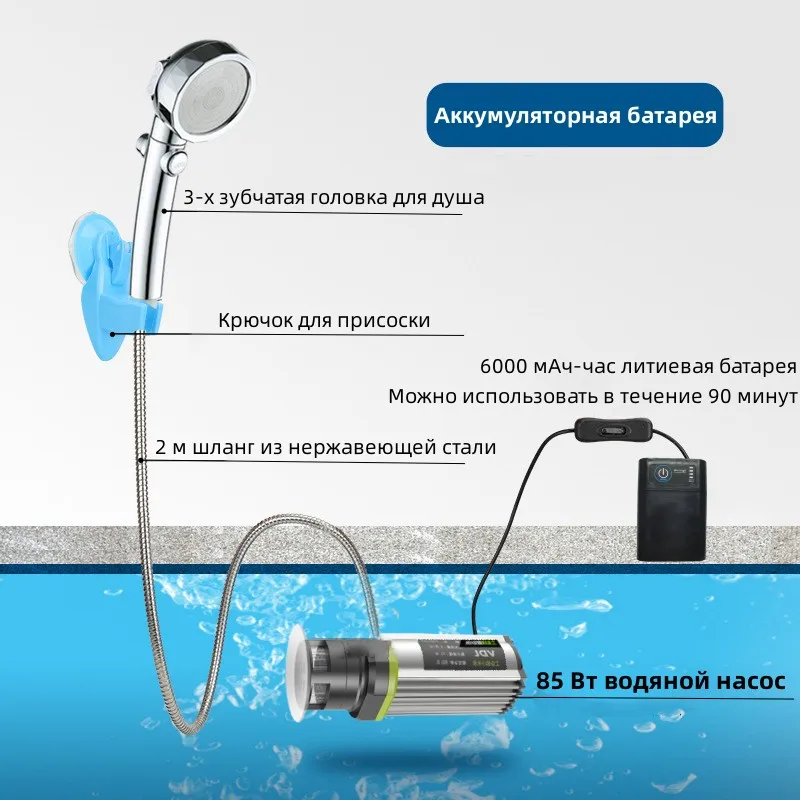 Tragbare elektrische Dusche Camping Dusche in richtungen für unterwegs 85w Wasserpumpe 3-Gang verstellbarer Dusch kopf 2500w Heißwasser stab