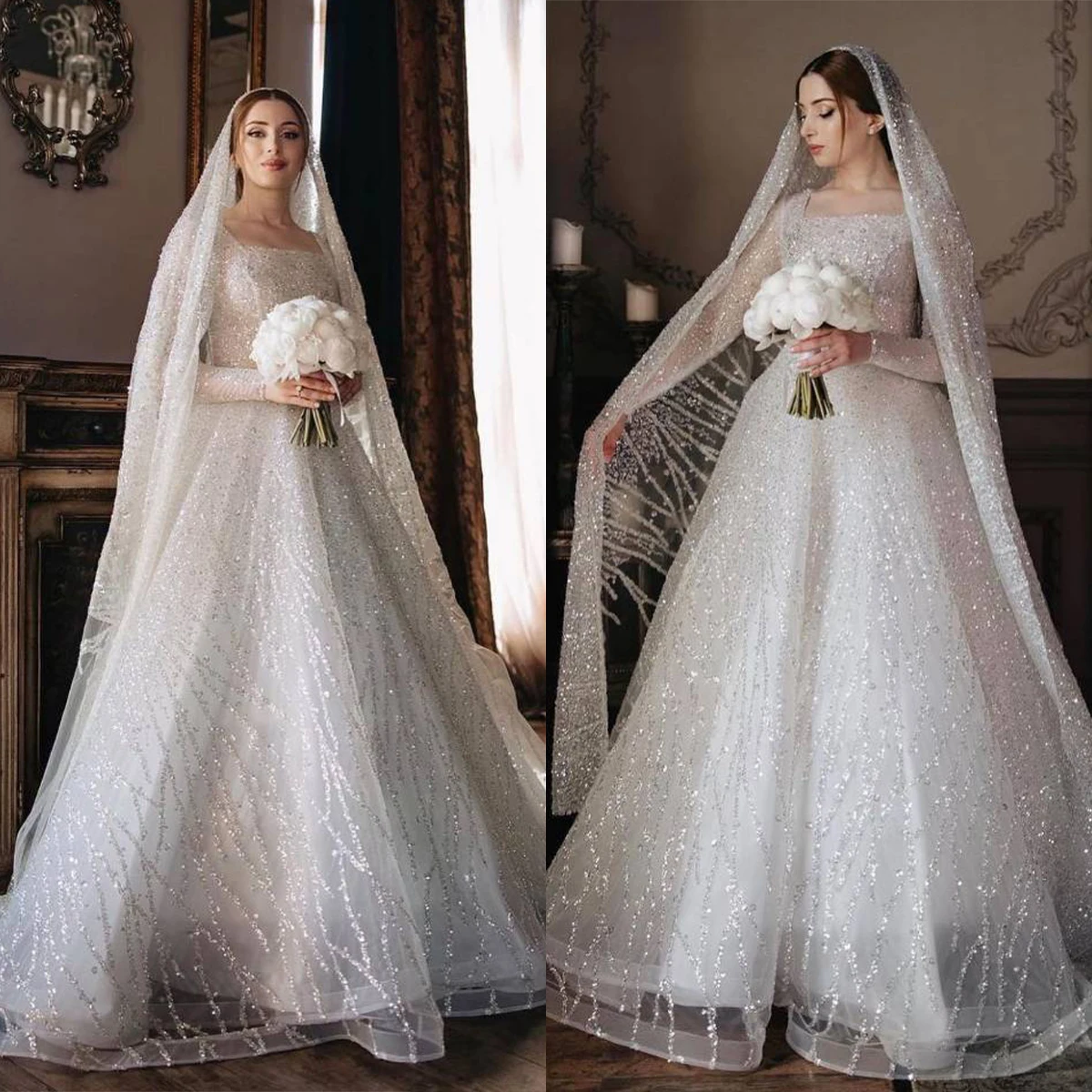 Simple A-Line Wedding Dress For Women Sequins Bridal Gown Long Sleeves Square Collar  Skirt Sweep Train Dresses