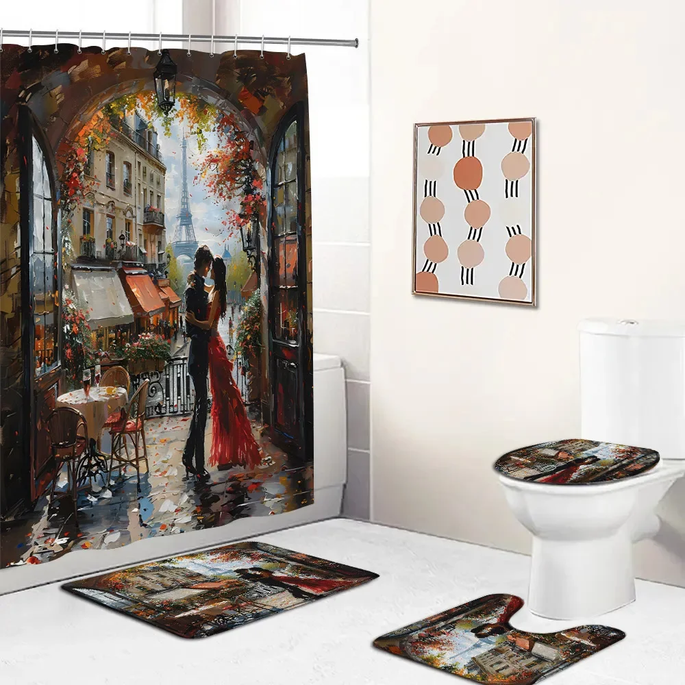 European Cityscape Shower Curtain Set Oil Painting Europe Street View Eiffel Tower Cafe Shop Modern Bath Mat Toilet Lid Cover