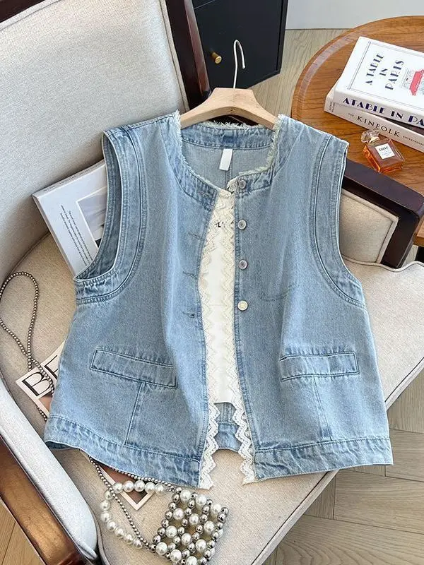 

Trendy Lace Trim Denim Vest Women's Style Spring Summer 2026 New Sleeveless Shoulder Pad Vest Jacket Breathable Short Length