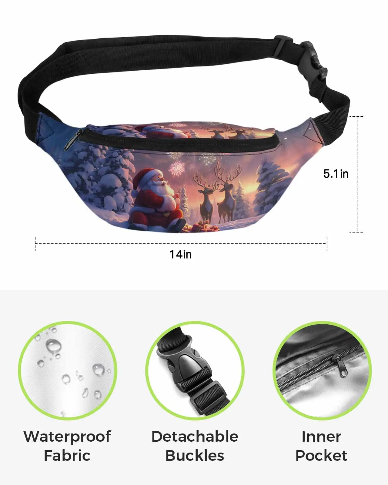 Santa Claus Reindeer Fireworks Gift  Men Women Waist Bag Fanny Pack Phone Belt Bag Wallet Pouch Waterproof Banana Hip Bags