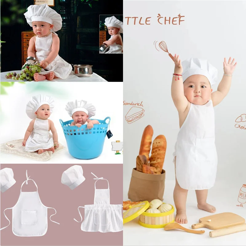 Cute White Cook Costume Photos Photography Prop Newborn Hat Apron Baby Chef Apron&Hat For Kids Costumes Cotton Blended clothing