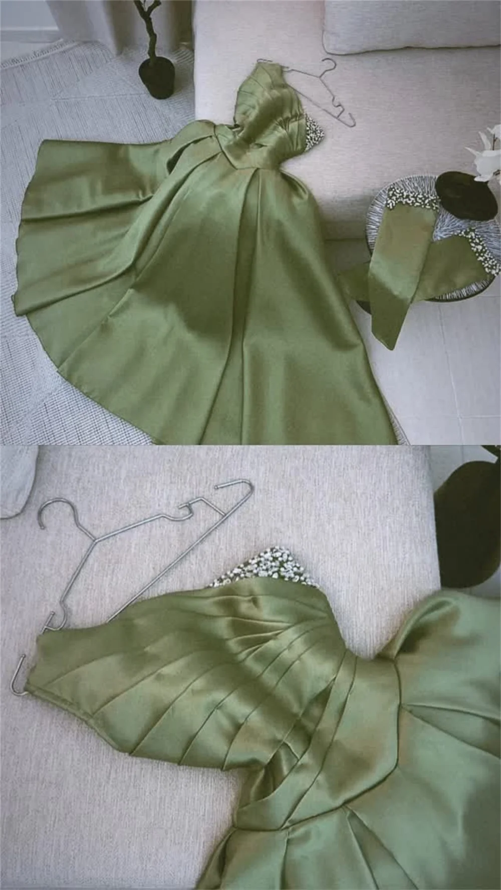 Amanda Customized Green One Shoulder A-Line Prom Dresses Rhinestones Lace-Up vestidos de noche Detachable Sleeves Formal Evening