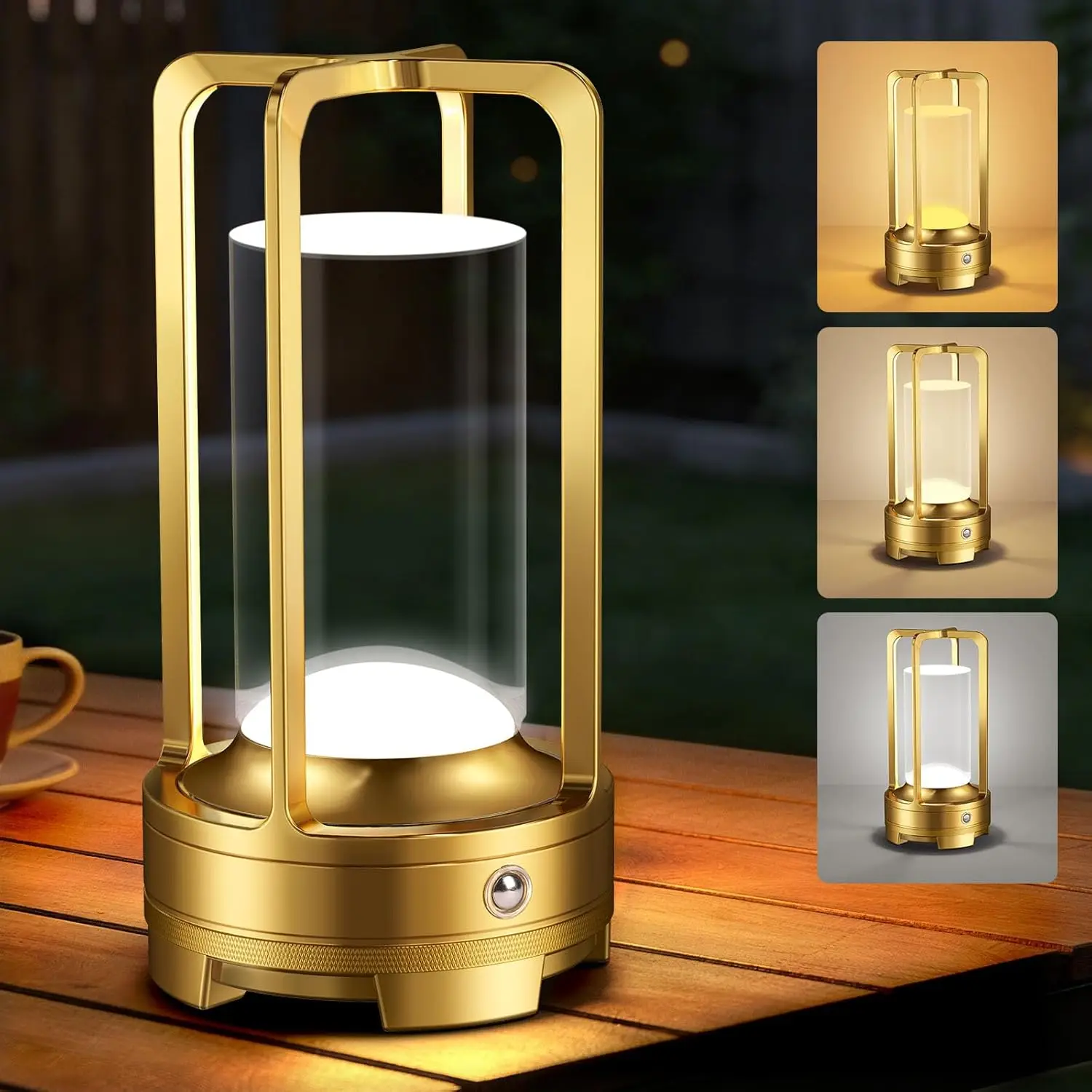 

Portable Cordless LED Table Lamp: Rechargeable, 3 Color Stepless Dimming, Metal, for Indoor/Outdoor